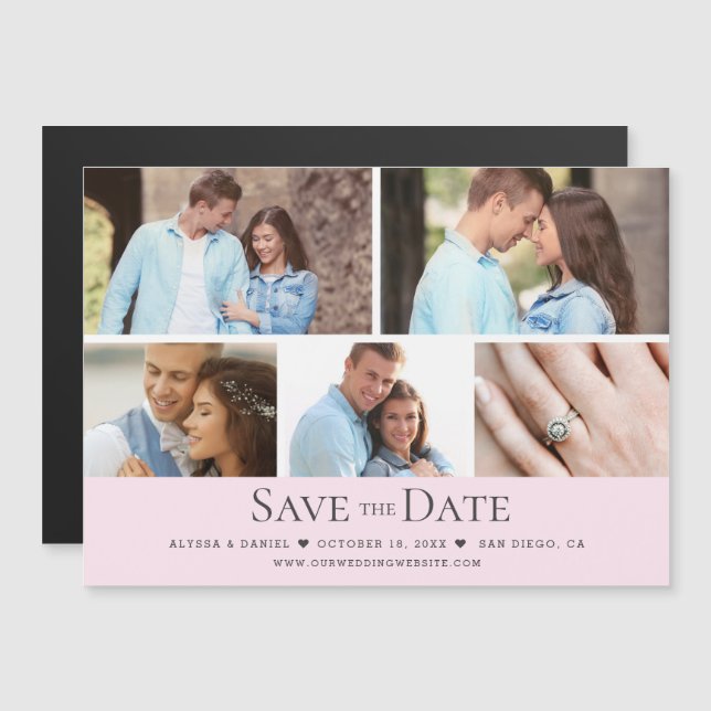 Invitation Magnétique Blush pink Wedding Save the Date Photo Grid  (Devant / Derrière)