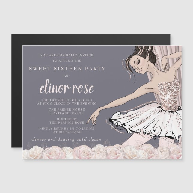 Invitation Magnétique Blush rose Ballerina Sweet 16 Party (Devant / Derrière)