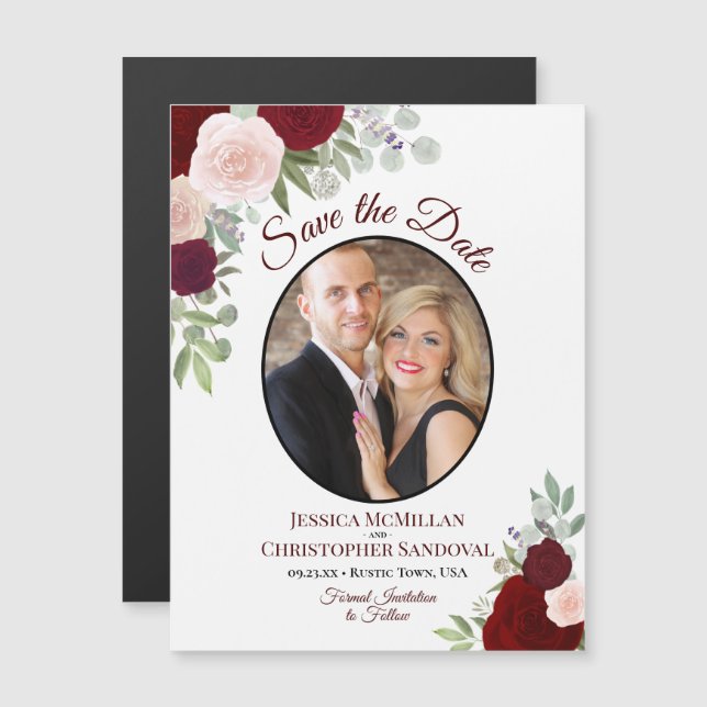 Invitation Magnétique Boho Chic Red Floral & Mariage photo Enregistrer l (Devant / Derrière)