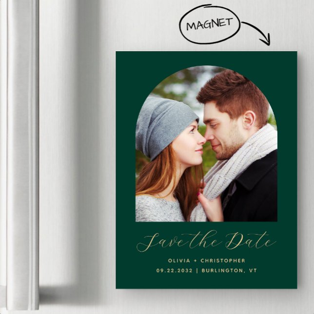 Invitation Magnétique Boho Photo Arch Emerald Green Gold Enregistrer la  (Créateur téléchargé)