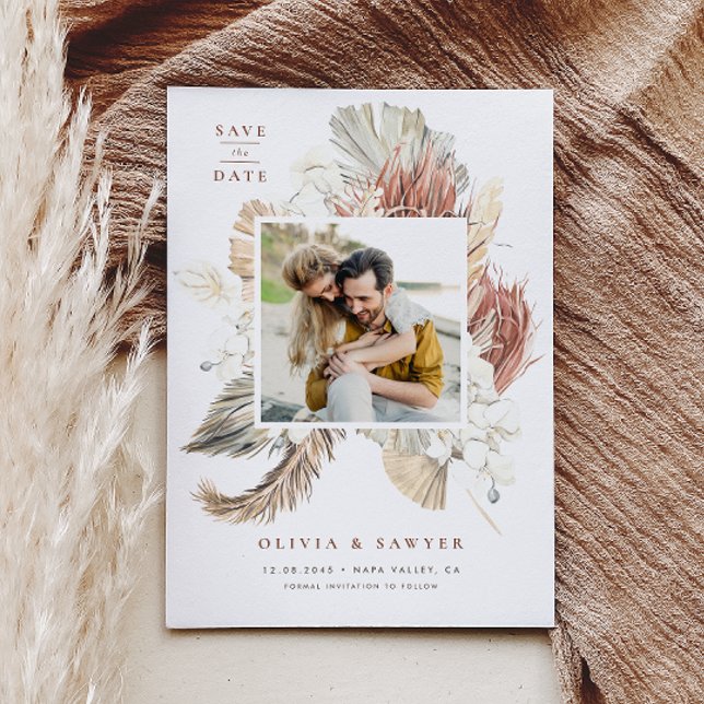 Invitation Magnétique Boho séché palmier et orchidées Photo Enregistrer  (Photo save the date magnet featuring a watercolor pampas grass, dried palm, orchids, and anthurium.)