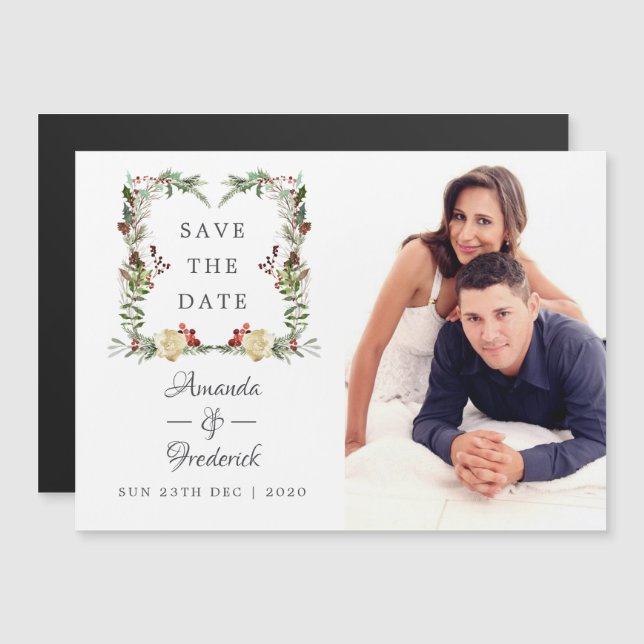 Invitation Magnétique Bois d'hiver Mariage de Noël Sauvez la date (Devant / Derrière)
