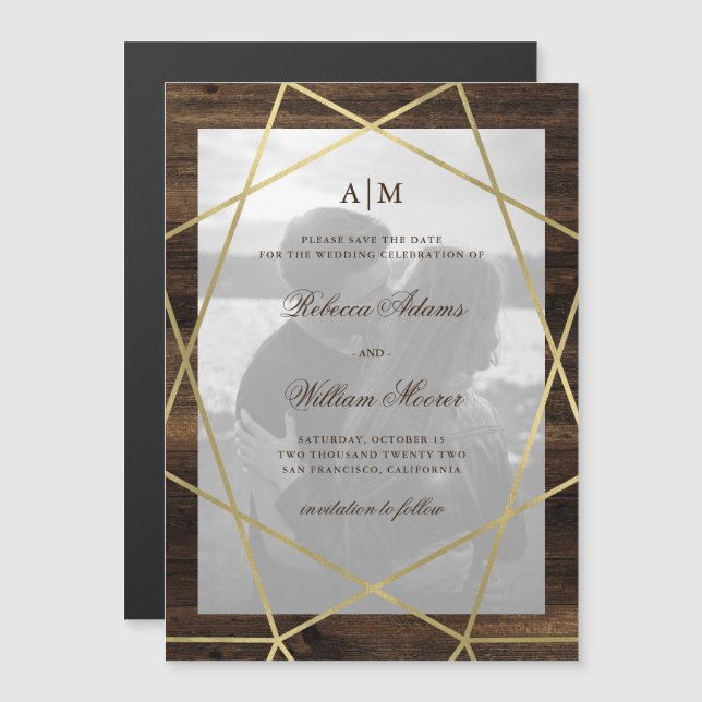 Invitation Magnétique Bois géométrique et rustique | Photo Enregistrer L (Devant / Derrière)