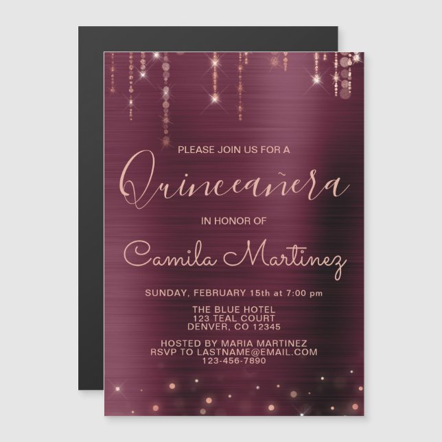 Invitation Magnétique Bourgogne et Rose Gold Quinceanera Party (Devant / Derrière)