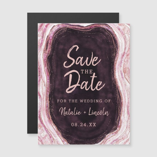 Invitation Magnétique Bourgogne & Rose Gold Geode Wedding Enregistrer la (Devant / Derrière)