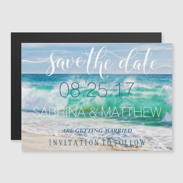 Invitation Magnétique Breaking Waves Tropical Beach Enregistrer la date (Devant / Derrière)