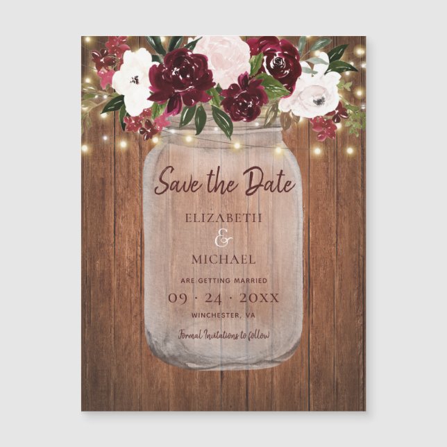 Invitation Magnétique Burgundy Floral Rustic Wood Wedding Enregistrer la (Devant)