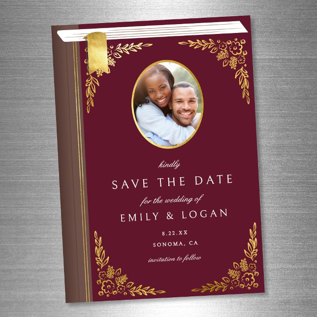 Invitation Magnétique Burgundy Gold Book Wedding Save The Date Card (Créateur téléchargé)