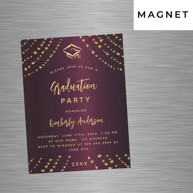 Invitation Magnétique Burgundy or stars fête de remise de diplômes luxe  (Créateur téléchargé)