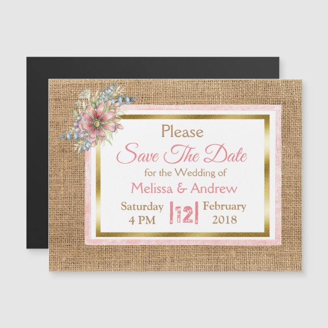 Invitation Magnétique Burlap Shabby Floral Enregistrer le Mariage de dat (Devant / Derrière)
