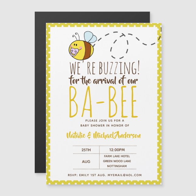 Invitation Magnétique BUZZING Pour l'ARRIVÉE de BA BEE Baby shower Jaune (Devant / Derrière)
