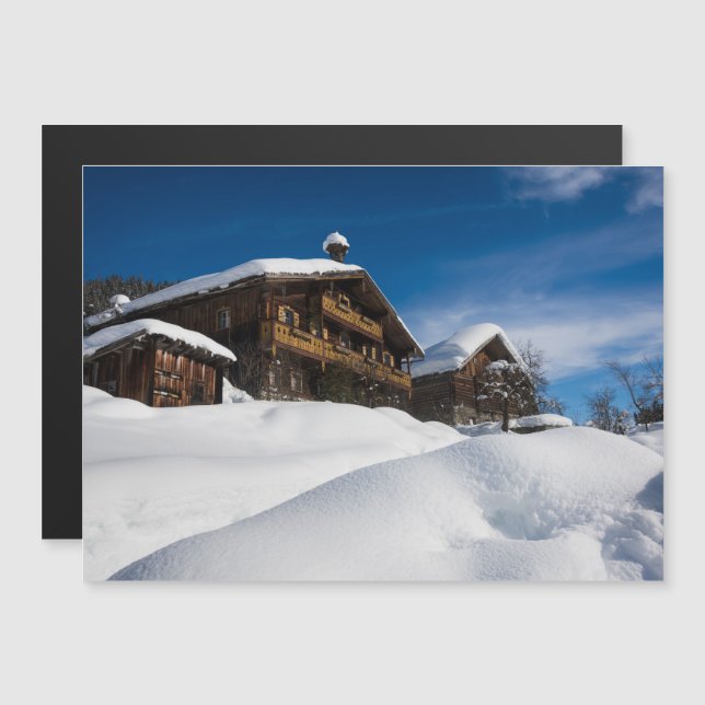 Invitation Magnétique cabines traditionnels en bois dans la neige (Devant / Derrière)