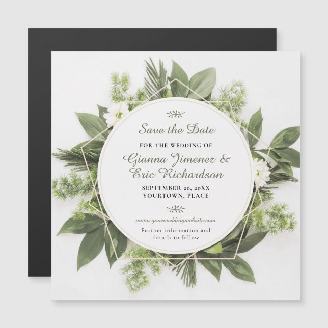 Invitation Magnétique Cadre de feuillage de verdure géométrique Enregist (Devant / Derrière)