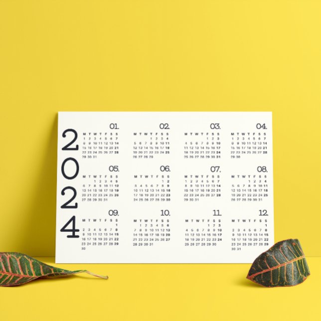 Invitation Magnétique Calendrier 2024 Année Pleine Noir Et Blanc Élégant (2024 Full Year Calendar Black And White Elegant Magnetic Invitation)