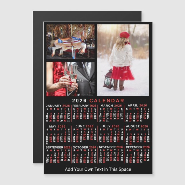 Invitation Magnétique Calendrier 2025 Année Noir rouge photo personnalis (Devant / Derrière)
