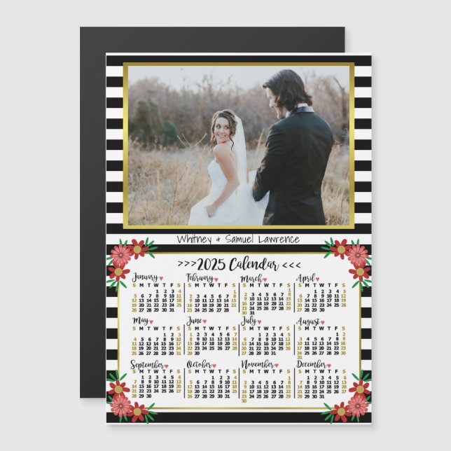 Invitation Magnétique Calendrier 2025 Préppy Floral Stripes | Photo pers (Devant / Derrière)