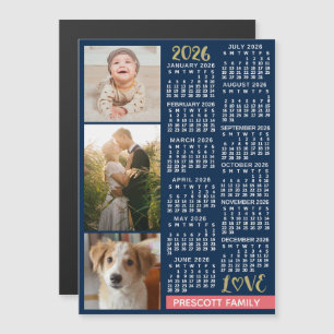 Invitation Magnétique Calendrier 2026 Navy Coral Or Collage Photo Person
