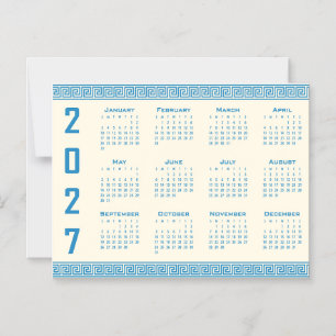 Invitation Magnétique Calendrier 2027, Frette Grecque, Bleu sur Latte Co