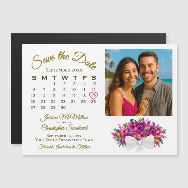 Invitation Magnétique Calendrier Bouquet Tropical & Photo de sauvegarde  (Devant / Derrière)