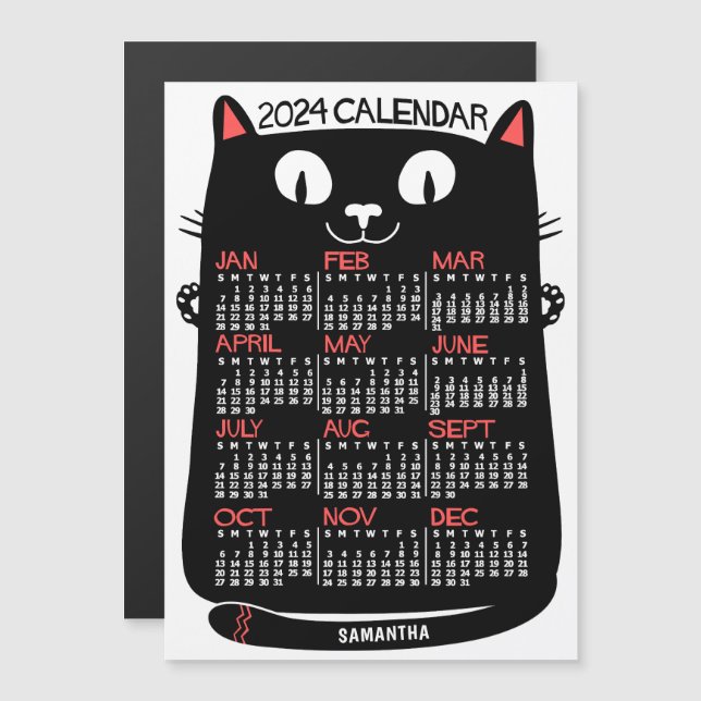 Invitation Magnétique Calendrier de l'année 2024 Chat noir du milieu du  (Devant / Derrière)
