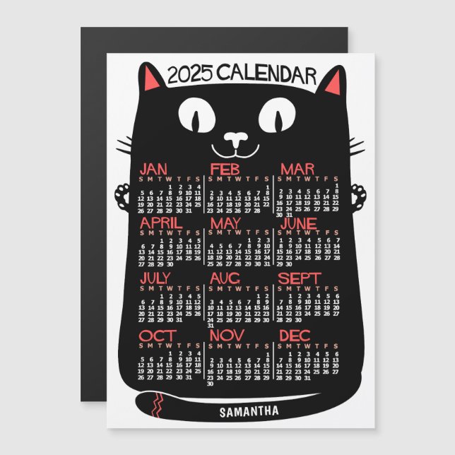 Invitation Magnétique Calendrier de l'année 2025 Chat noir du milieu du  (Devant / Derrière)