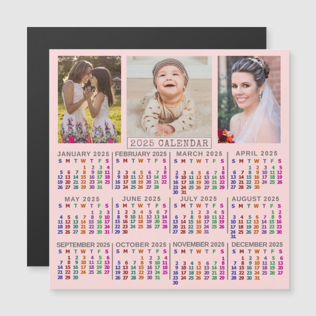 Invitation Magnétique Calendrier de l'année 2025 Famille rose mignonne C (Devant / Derrière)