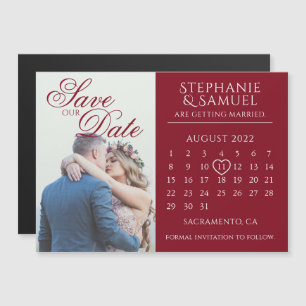 Invitation Magnétique Calendrier de mariage élégant en bordeaux, save th