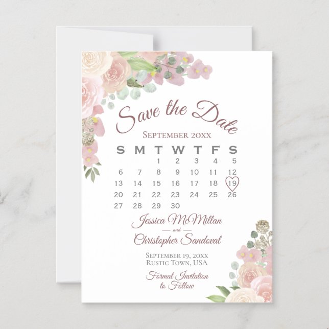 Invitation Magnétique Calendrier Floral rose rustique Mariage Enregistre (Recto)