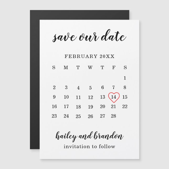 Invitation Magnétique Calendrier moderne Mariage au coeur rouge Enregist (Devant / Derrière)