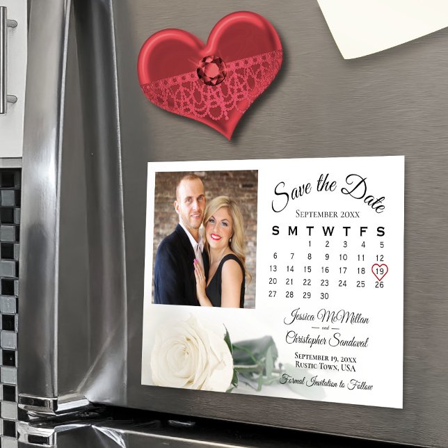 Invitation Magnétique Calendrier Rose blanche et photo Enregistrer l'aim (Convenient magnet back!)