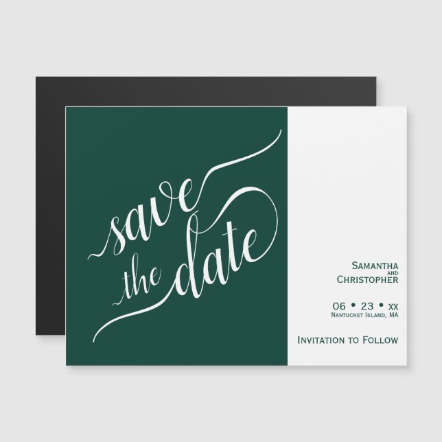 Invitation Magnétique Calligraphie moderne Mariage émeraude Enregistrer  (Devant / Derrière)