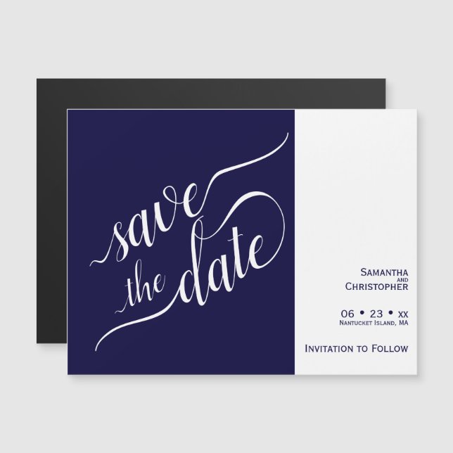 Invitation Magnétique Calligraphie moderne Marine Blue Wedding Enregistr (Devant / Derrière)
