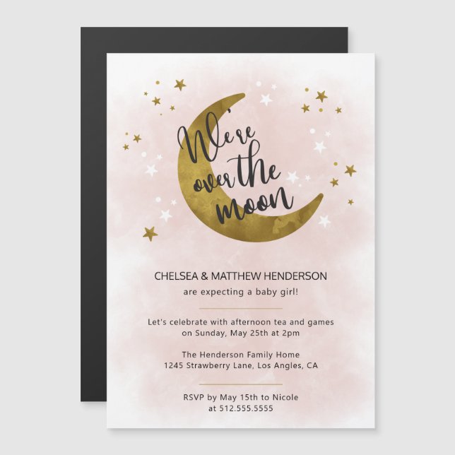 Invitation Magnétique Calligraphie rose Moderne Sur Le Baby shower Lune (Devant / Derrière)
