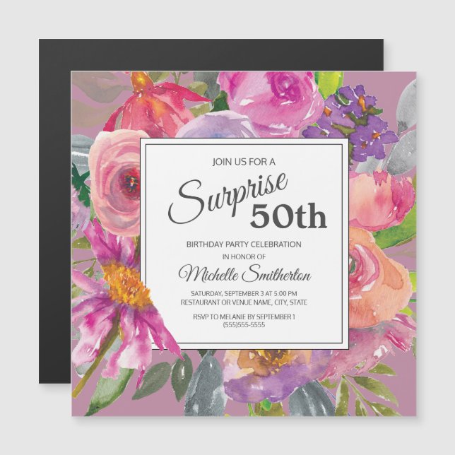 Invitation Magnétique Carré Fleur sauvage rose pourpre 50e fête d'annive (Devant / Derrière)