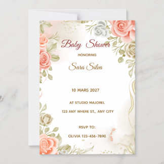Invitation Magnétique Carton d'invitation à la baby shower beige avec fl