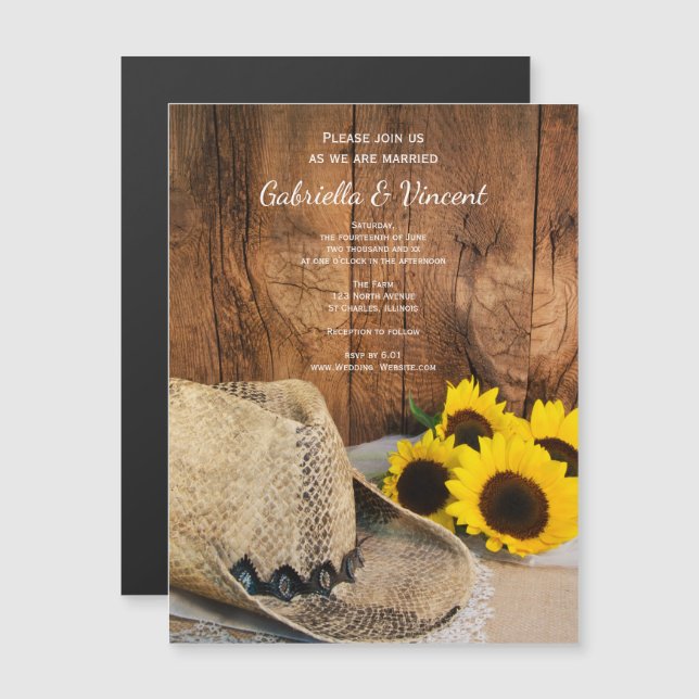 Invitation Magnétique Casquette Cowboy, Tournesols Grange Bois Mariage d (Devant / Derrière)