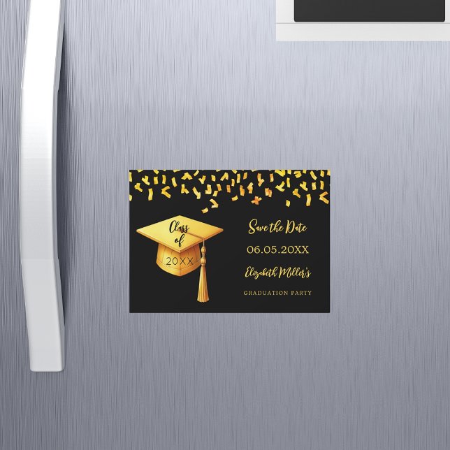 Invitation Magnétique Casquette d'or noir Parti de graduation Enregistre (Créateur téléchargé)
