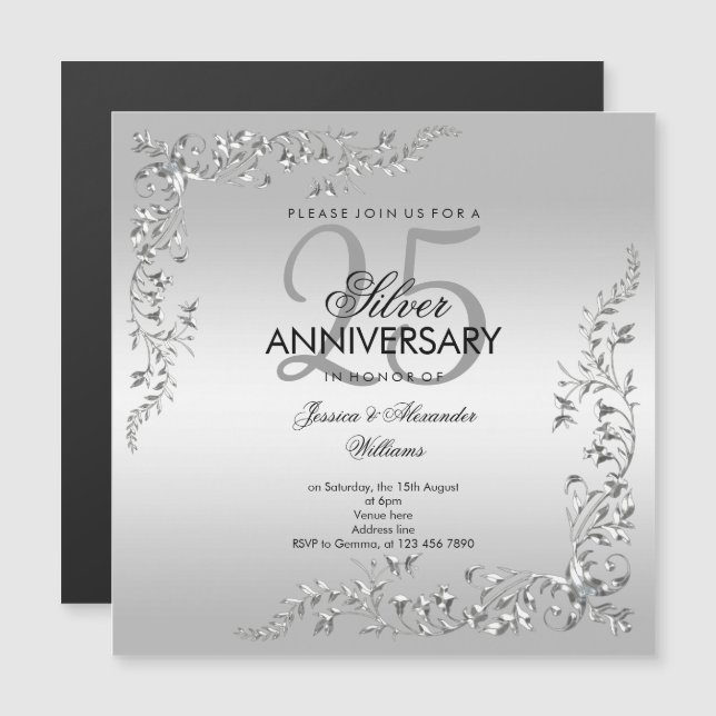 Invitation Magnétique Célébration de Mariage Stylée Argent 25 Ans de Mar (Devant / Derrière)