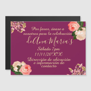 Invitation Magnétique Célébration de Quinceanera Florale de Bourgogne
