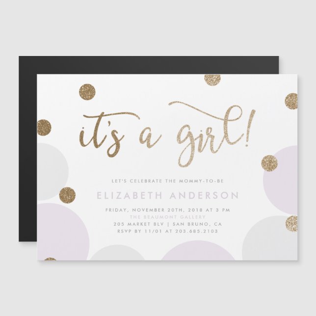 Invitation Magnétique C'est une fille ! | Purple & Gold Confetti Baby sh (Devant / Derrière)