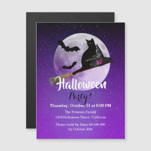 Invitation Magnétique Chat noir pleine lune violette fête d'Halloween