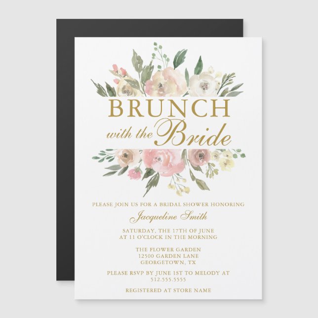 Invitation Magnétique Chic Blush Rose Or Floral Bridal Brunch Douche (Devant / Derrière)