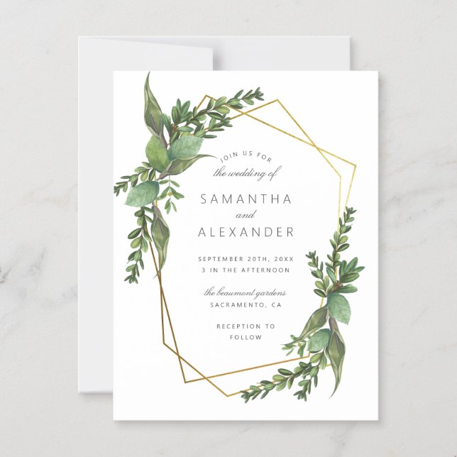 Invitation Magnétique Chic Botanique Verdure & Or Mariage géométrique (Recto)