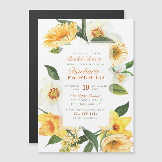 Invitation Magnétique Chic Jaune Daffodiles de printemps Fête des mariée (Devant / Derrière)