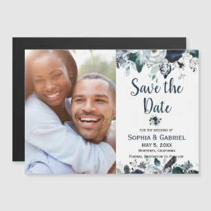 Invitation Magnétique Chic Navy Bleu Fleurs Blanches Mariage Enregistrer