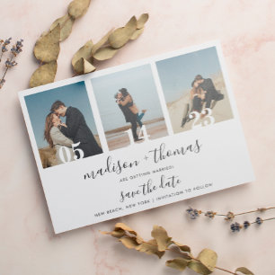 Invitation Magnétique Chic Plain Script 3 Photo Mariage Enregistrer La D