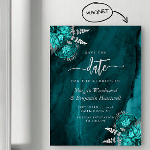 Invitation Magnétique Chic Turquoise mariage floral argent Enregistrer l