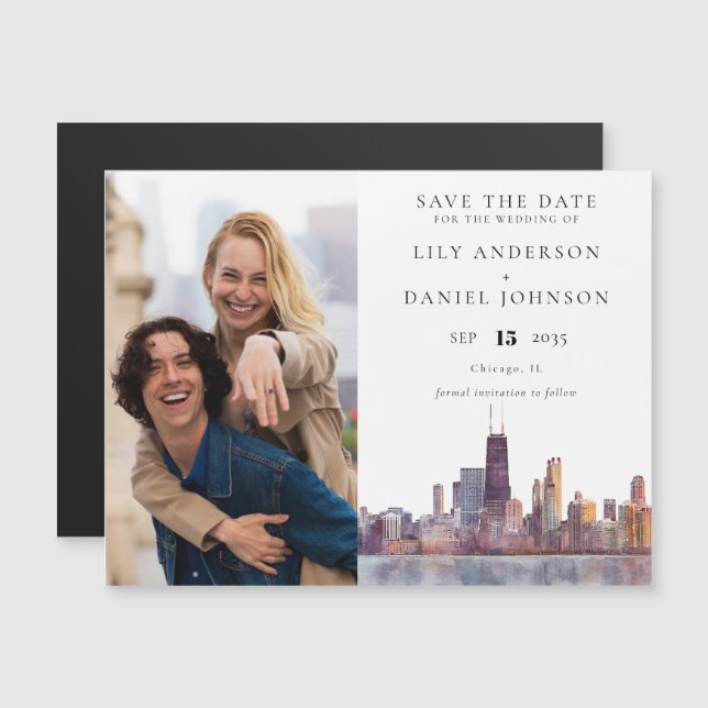 Invitation Magnétique Chicago Photo Wedding Save The Date (Devant / Derrière)