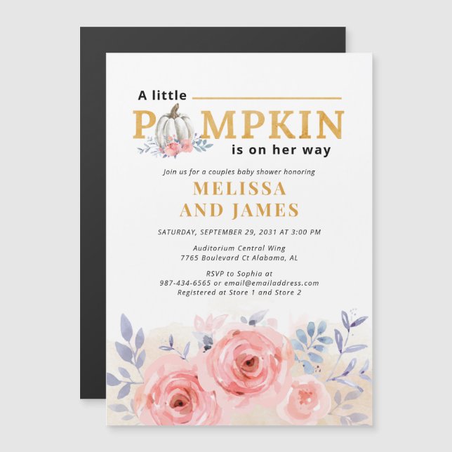 Invitation Magnétique Citrouille Couples Baby shower Aquarelle Lilac ros (Devant / Derrière)
