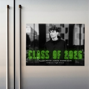 Invitation Magnétique Classe Lime Neon moderne de 2025 - Diplôme Photo